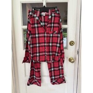 Victorias Secret Shimmer Cotton Flannel Pajama Set black pink plaid Size M